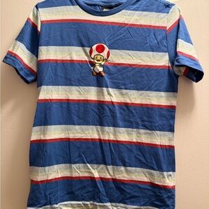 Nintendo Blue Striped Tee with Red & White Toad Graphic